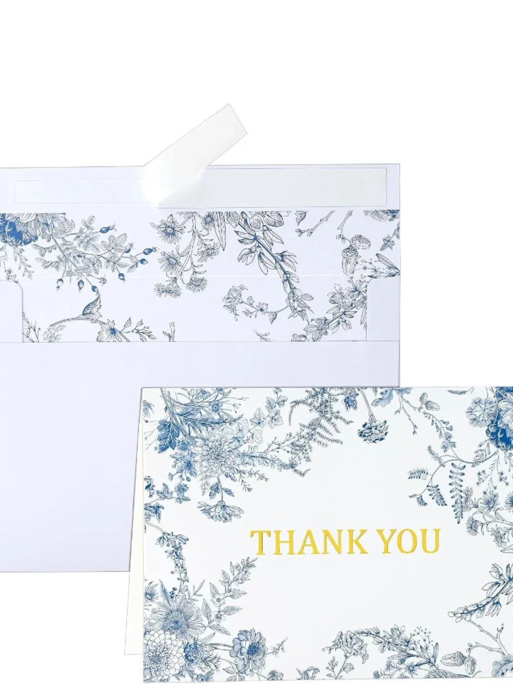 Blue Floral Gold Foil Thank You Cards and Envelopes